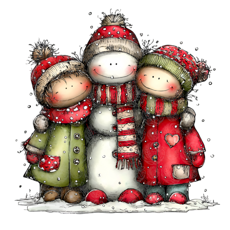 Cute snowman kids in red and green winter coats hugging a jolly snowman in falling snow, Grey Barn Handwerk, Saskatchewan.